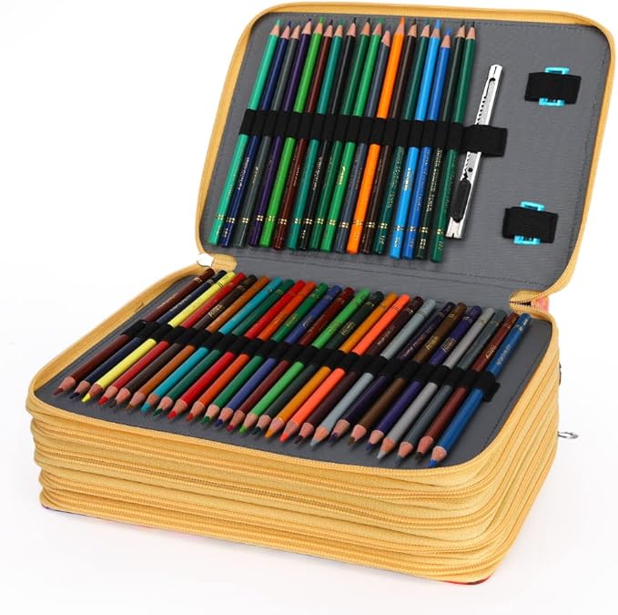Vomgomfom 252 Slots Pencil Bag, 5-Layer Zipper Art Supply Organizer, PU Leather Portable Colored Pencil Case with Handle for 252 Watercolor Pens, Gel Pens (Yellow Flower)