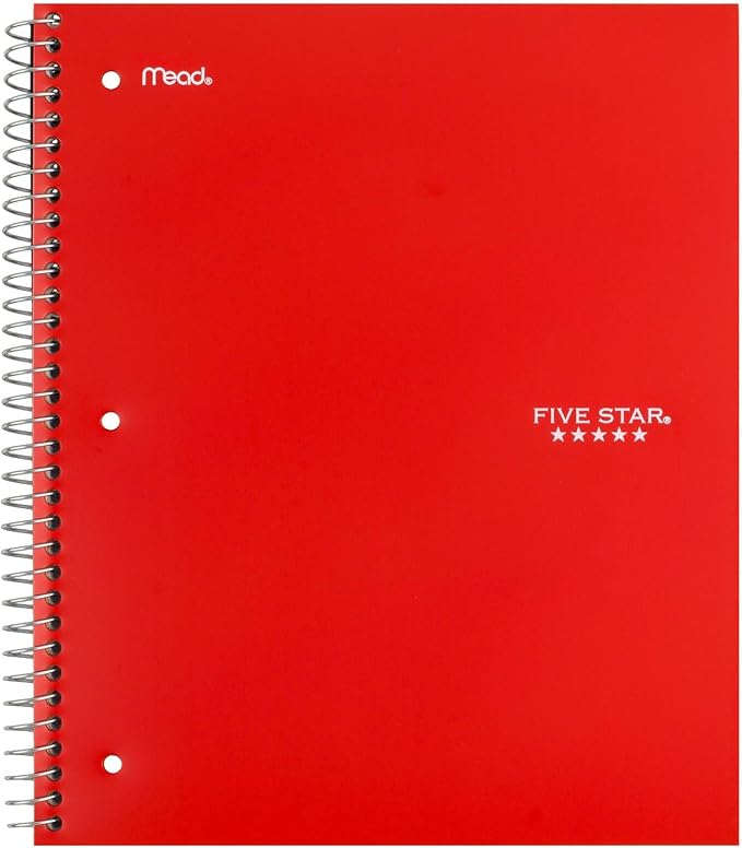 Five Star Spiral Notebook + Study App, 5 Subject, Wide Ruled Paper, Fights Ink Bleed, Water Resistant Cover, 8" x 10-1/2", 200 Sheets, Fire Red (72041) (Pack of 2)