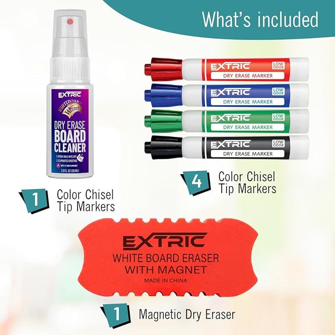 EXTRIC Dry Erase Markers Chisel Tip Set, 4 Whiteboard Markers, Whiteboard Cleaner and Eraser, Low Odor Dry Erase Marker with Eraser Bundle for Home, Teachers Supplies, and School Supplies