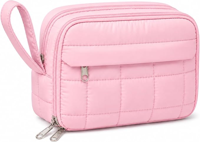 Puffer Quilted Pencil Pouch for Women, Large Capacity Organizer Bag with Multiple Compartments, Cute Aesthetic Pencil Case for Office, Travel & Daily Essentials(pink)