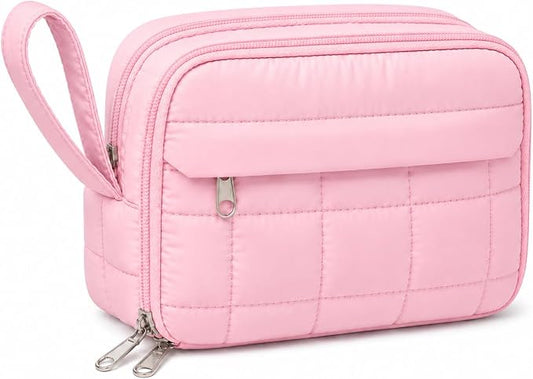 Puffer Quilted Pencil Pouch for Women, Large Capacity Organizer Bag with Multiple Compartments, Cute Aesthetic Pencil Case for Office, Travel & Daily Essentials(pink)