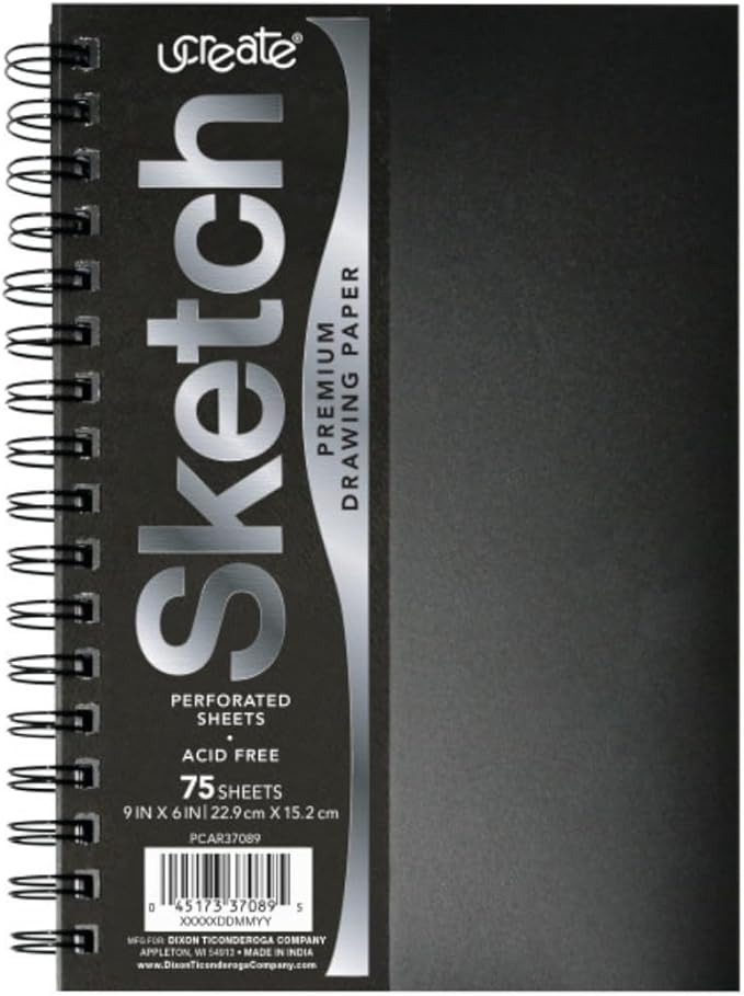 UCREATE Poly Cover Sketch Book, Heavyweight, 70 lb., Side Spiral Bound, 6" x 9", Black, 75 Sheets/Sketch Book, Case of 12, 900 Sheets Total