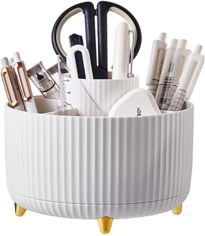 Desk Pencil Pen Holder, 5 Slots 360°Degree Rotating Pencil Pen Organizers for Desk, Desktop Storage Stationery Supplies Pencil Cup Pot for Office School Home Art Supply. (White)
