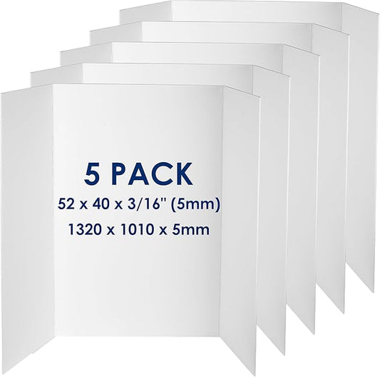 Foam Board Trifold 52 x 40 x 3/16" (5mm) - 5 Pack - Large Poster Foam Core Board, Acid Free, Double Sided, Posterboard Foamboard for Mounting, Prints, Art, Display, Presentation and Projects