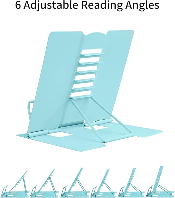 MSDADA Desk Book Stand Metal Reading Rest Book Holder Adjustable Cookbook Documents Holder Portable Sturdy Bookstands for Recipes Textbooks Tablet Music Books with Page Clips (Light Lake Green)