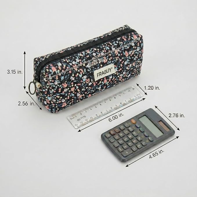 Soft Corduroy Pencil Case Pen Pouch Organizer, Small Stationery Bag | Black small floralzipper pencil pouch, smooth zipper, daily cosmetics holder, compact organizer for school teen girls, women