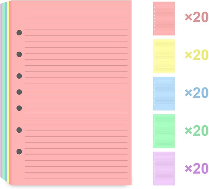 7-Hole Lined Refills Paper, A5 Filler Paper for Planner Inserts, A5 Loose Leaf Paper, 5 Colors(20 Sheets/C), 100 Sheets/200 Pages, College Ruled, 5.5 X 8.5 Inch