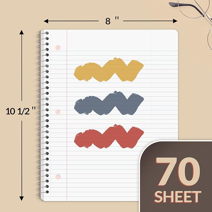 SUNEE Spiral Notebooks, 3 Pack, 1-Subject, College Ruled Paper, 8" x 10-1/2", 70 Sheets per Notebook, Assorted Colors Spiral Notebooks for School (Brick Red, Blue, Yellow)