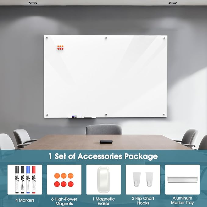 MaxGear Glass Whiteboard Wall Mounted, Frameless Magnetic Dry Erase Board, Tempered Glass, Steel-Backed, Non-Porous Smooth Surface, Floating Design, Accessories Included, for Office Home Classroom