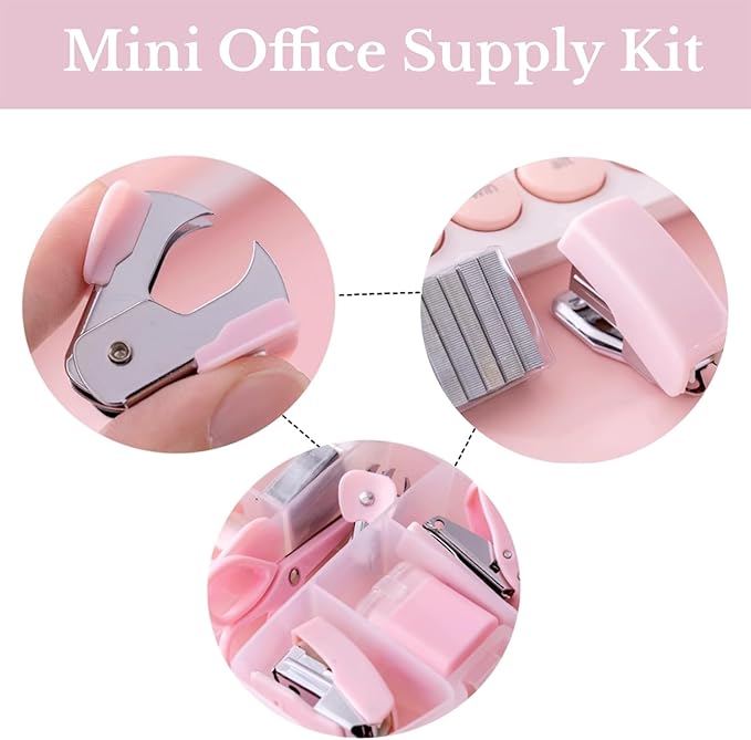 Mini Office Supply Kits Mini School Supplies – Includes Mini Stapler,Scissors, Staple Remover, Staples, Tape Dispenser (Pink)