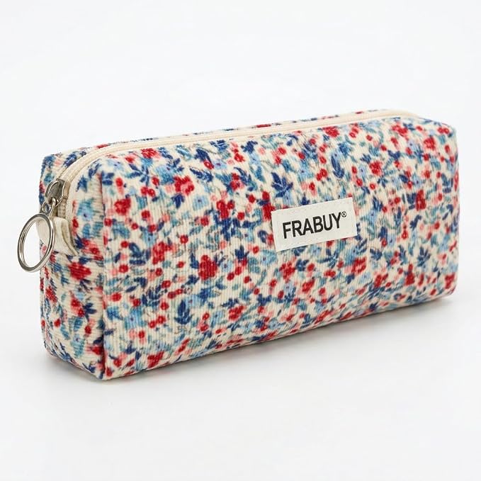 Soft Corduroy Pencil Case Pen Pouch Organizer, Small Stationery Bag | Cute beige small floral pencil pouch, smooth zipper, daily cosmetics holder, compact organizer for school teen girls, women