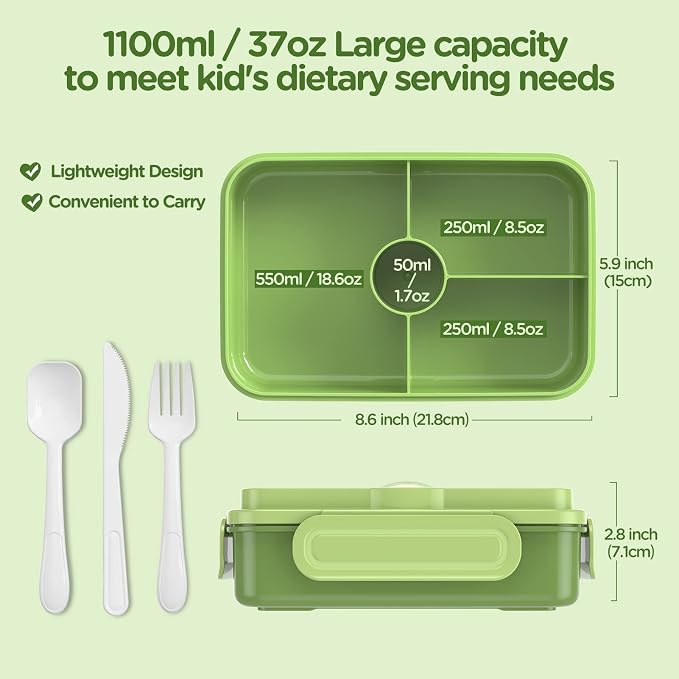 Jelife Bento Box Kids Lunch Box - Large Bento-Style Leakproof with 4 Compartments Food Storage Container with Tableware for Kids Back to School, Reusable On-the-Go Meal and Snack Packing, Green