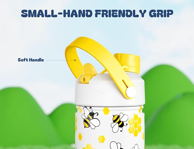 18 oz Cute Water Bottle for Kids: 2-in-1 Straw Spout Lid, Leakproof, Keep Cold 24H, BPA-Free, Backpack and Car Cup-Holder Friendly, Insulated Stainless Steel Cup for Birthday Gift (Sweet Hive)