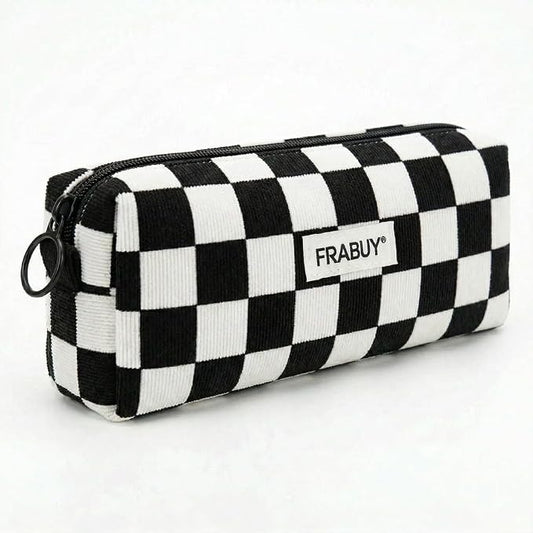 Soft Corduroy Pencil Case Pen Pouch Organizer, Small Stationery Bag | Cute Black Checkerboard Pencil Pouch, Smooth Zipper, Daily Cosmetics Holder, Compact Organizer for School Teen Girls, Women