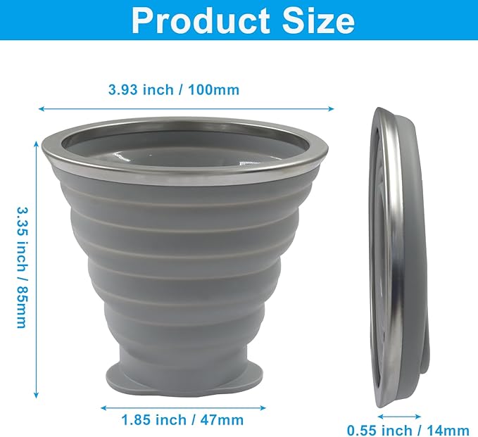 Bonsicoky 2 Pack Collapsible Cup, Folding Travel Mug with Lid, 270ml Portable Cup for Hiking, Camping, Outdoor & Daily Use, Blue and Gray (Collapses to 0.55 Inch)