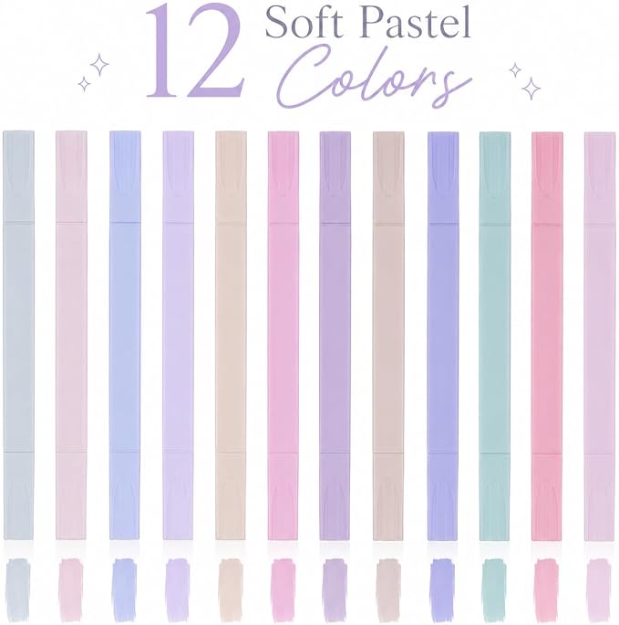 Pastel Highlighters, 12 Pcs Aesthetic No Bleed Bible Highlighters Set | Dual Tip Highlighter Set with Chisel and Fine Tips, for Journaling, Bible Study, Planner, Note Taking, School and Office