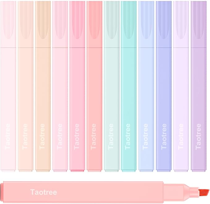 Taotree 12Pcs Aesthetic Cute Highlighters Assorted Colors, Back to School | Bible Highlighters and Pens No Bleed, Chisel Tip Pastel Markers Pens for Journaling, School Supplies, Office Desk Accessories