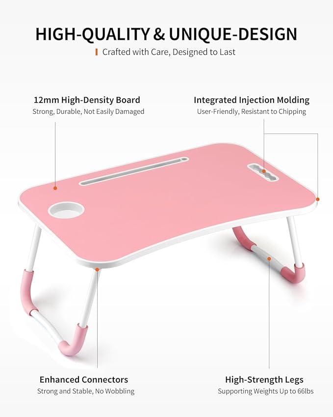 FISYOD Foldable Laptop Table, Portable Lap Desk Bed Table Tray, Laptop Stand with Cup Holder & Tablet Slot & Lifting Handle for Working Writing Drawing & Eating (Pink)