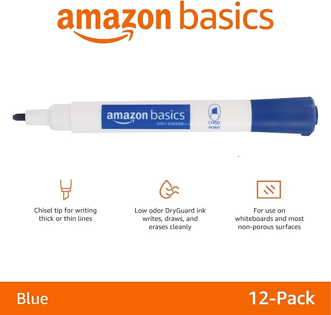 Amazon Basics Dry Erase Whiteboard Markers, Chisel Tip, Low-Odor, Blue, 24-Pack, For Drawing, Sketching and Writing