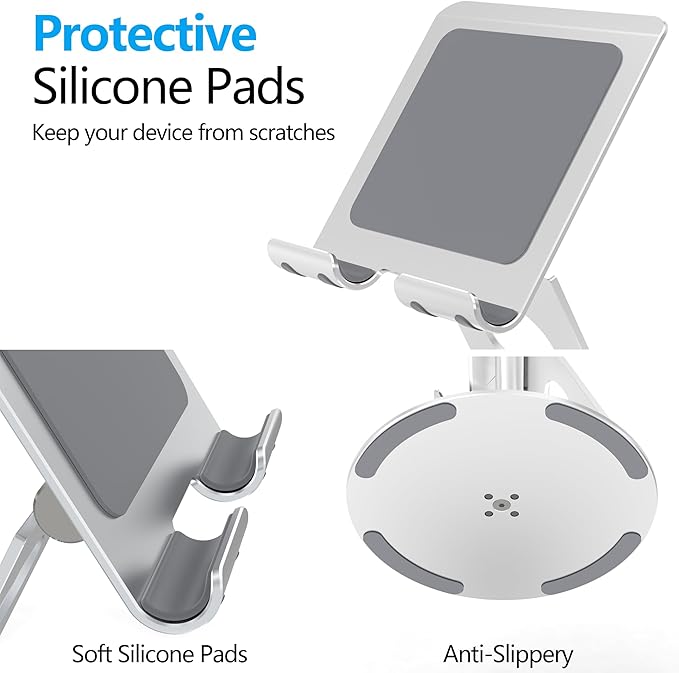 Swivel Tablet Stand, Aluminum Portable 360°Rotating Adjustable Tablet Holder for All 4-12.9’’ iPad Surface Samsung Phone Tablet Kindle E-Reader and More(Silver)