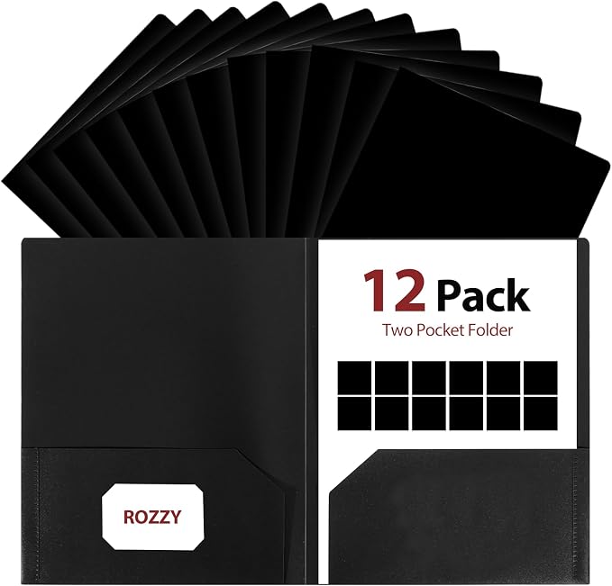 Plastic Folders with Pockets, 2 Pocket, Letter Size | 8.5x11 Paper, Business Card Slot, Black to School Supplies, For Kids / Students / Teachers, Office Organization