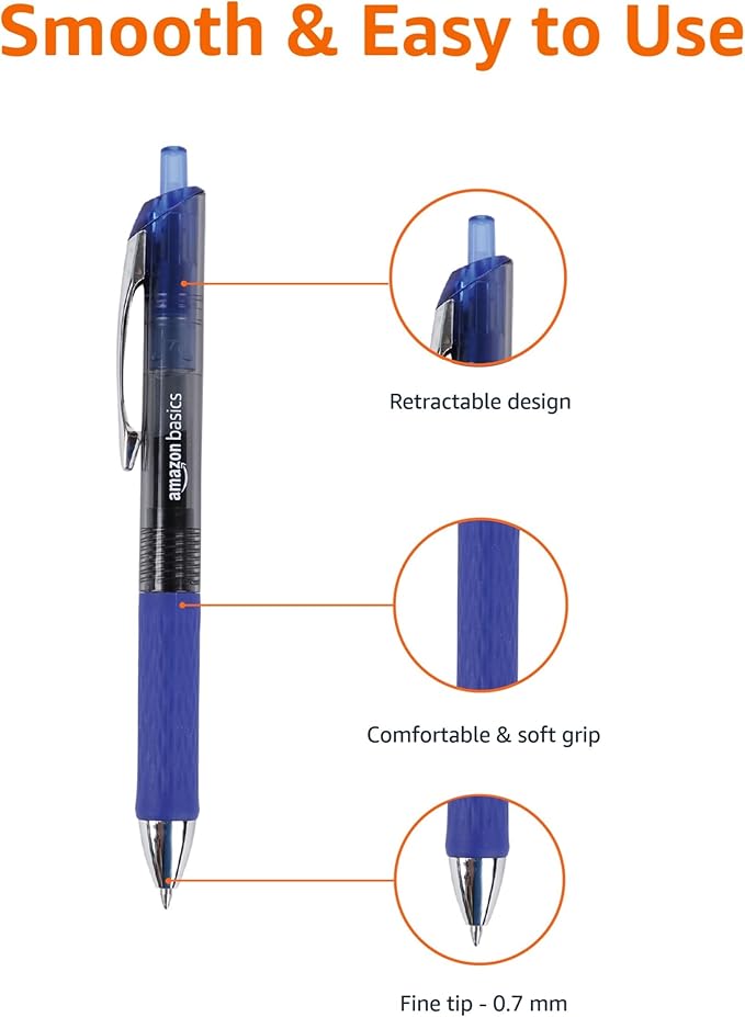 Amazon Basics Retractable Gel Pens, Fine Point 0.7mm, Smooth Writing, No-Smear Ink, Blue, 12-Pack