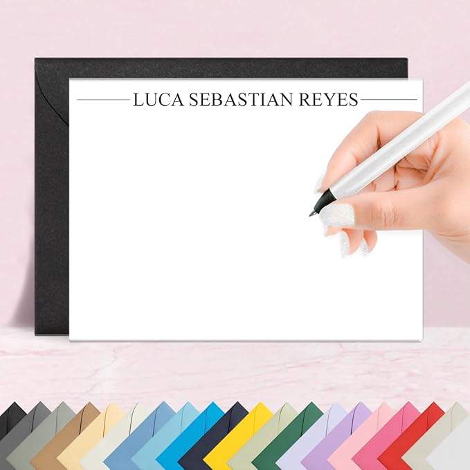Personalized Stationery Note Cards with Envelopes – Custom Minimalist Thank You Cards, 12 Flat Note Cards & Colored Envelopes – Crush-Resistant Packaging - Folded Cards Optional (Middle Line)