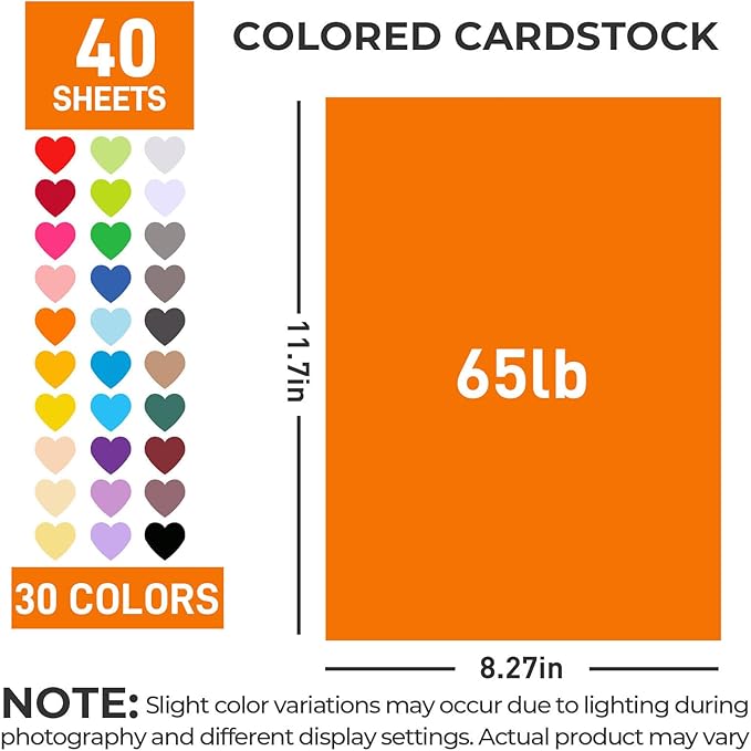 Koogel 40 Sheets Colored Cardstock, 8.27" x 11.7" (A4 Size) 30 Assorted Colors Construction Paper, 180GSM/65LB Card Stock Printer Paper for School Projects Holiday Crafts & DIY Card Making, Printing