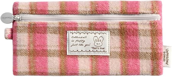 Monolike Unmatched Friends Old Check Pencil Case, Hot Pink - Pencil Pouch, Portable Pencil Bag, Pencil Case, Office Pouch case, Cushion, Soft, Vintage