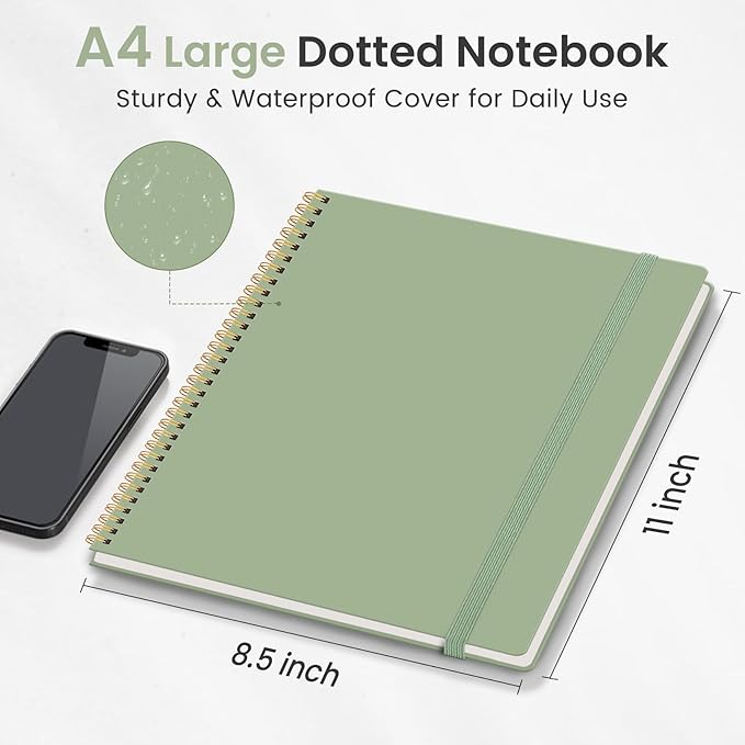 Taja Spiral Dotted Notebook, 8.5"x11" Notebooks for Work, Large A4 Journal for Women & Men, Dotted Journal, Journaling Notebook for Writing, Plastic Cover Spiral Journal, Green