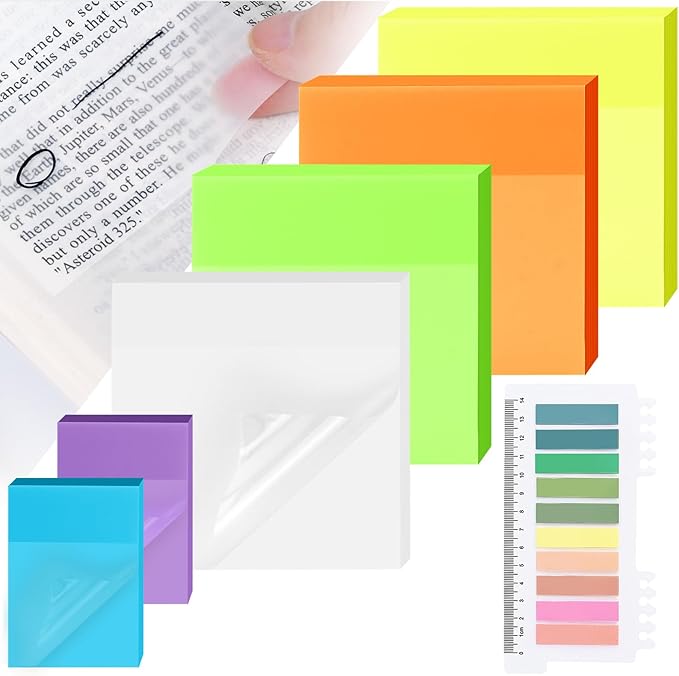 500 Sheets Transparent Sticky Notes with Index Tab, Waterproof & Crystal Clear Sticky Notes Sets, See-Through PET Sticky Note, 5X The Sticking Power Translucent Sticky Note Pad, 7 Pads