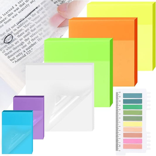 500 Sheets Transparent Sticky Notes with Index Tab, Waterproof & Crystal Clear Sticky Notes Sets, See-Through PET Sticky Note, 5X The Sticking Power Translucent Sticky Note Pad, 7 Pads