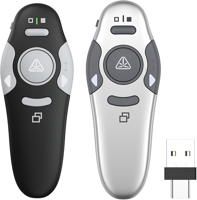 QUI 2 Pack Presentation Clicker, Wireless Presenter Remote Clicker for PowerPoint, Slide Advancer for Mac, Windows, Google Slide, Keynote (USB Type-c, Black Silver)