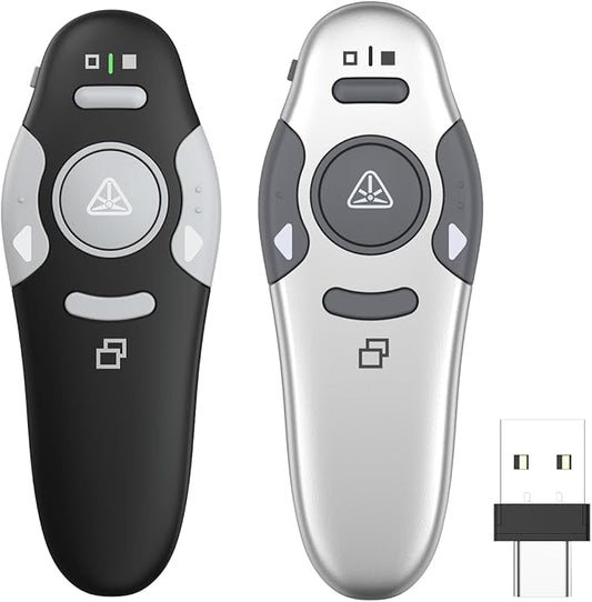 QUI 2 Pack Presentation Clicker, Wireless Presenter Remote Clicker for PowerPoint, Slide Advancer for Mac, Windows, Google Slide, Keynote (USB Type-c, Black Silver)