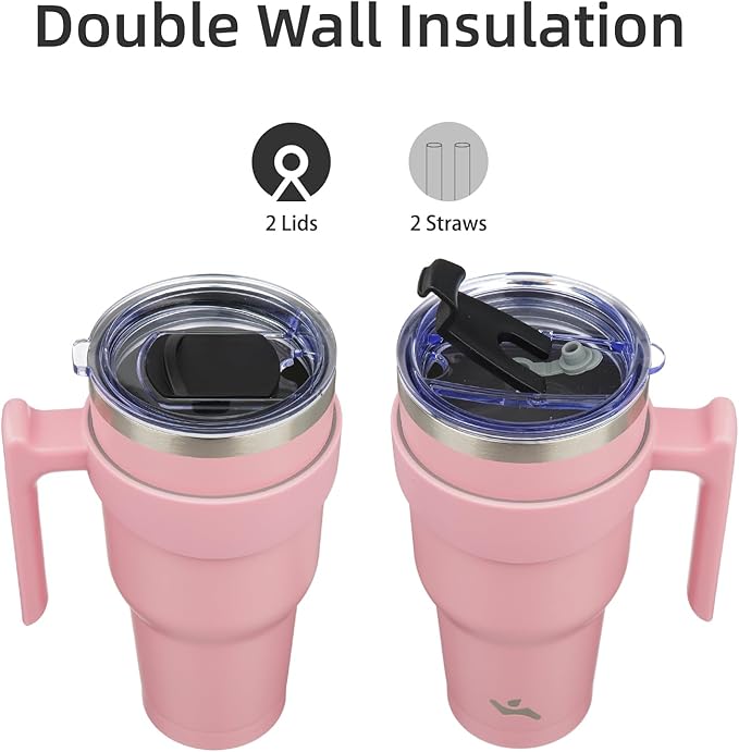 Konokyo 30 oz Tumbler with Handle and 2 Straw 2 Lid, Insulated Water Bottle Stainless Steel Vacuum Cup Reusable Travel Mug, Light Pink