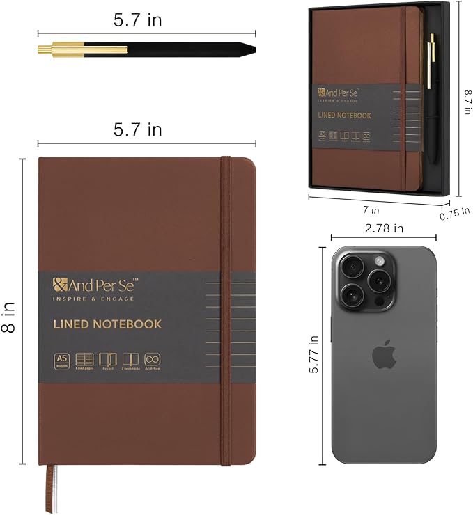 &And Per Se Lined Journal with Pen Set, A5 Leather Hardcover Notebook and Pen, 160 Pages 100GSM Thick Ruled Paper Journal for Writing (Brown)