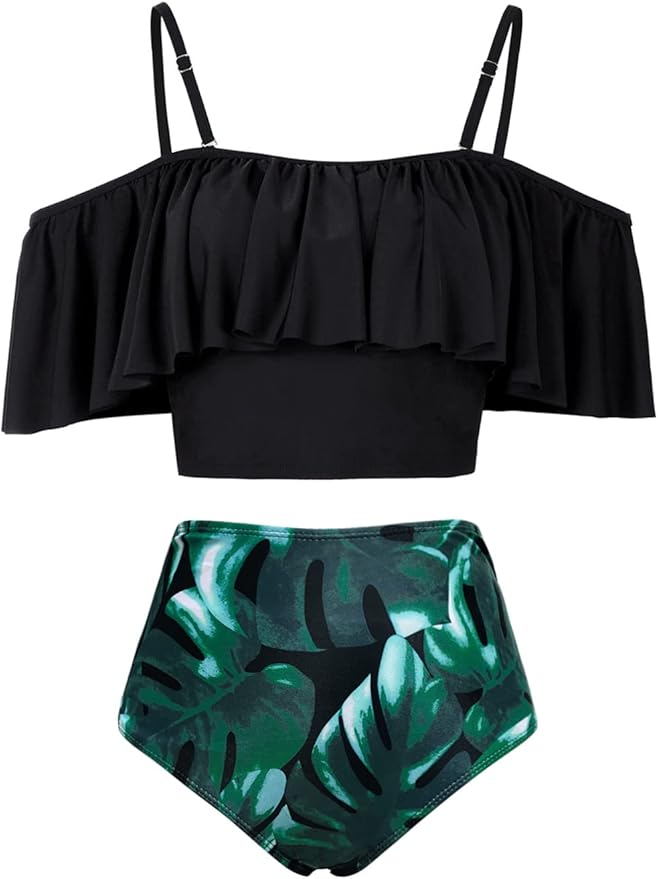 Kaei&Shi High Waisted Flounce Bikini Set,Tummy Control Swimsuits for Women,Off Shoulder