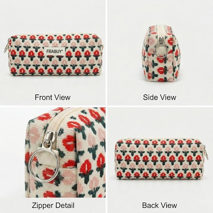Soft Corduroy Pencil Case Pen Pouch Organizer, Small Stationery Bag | Cute little red flower pencil pouch, smooth zipper, daily cosmetics holder, compact organizer for school teen girls, women