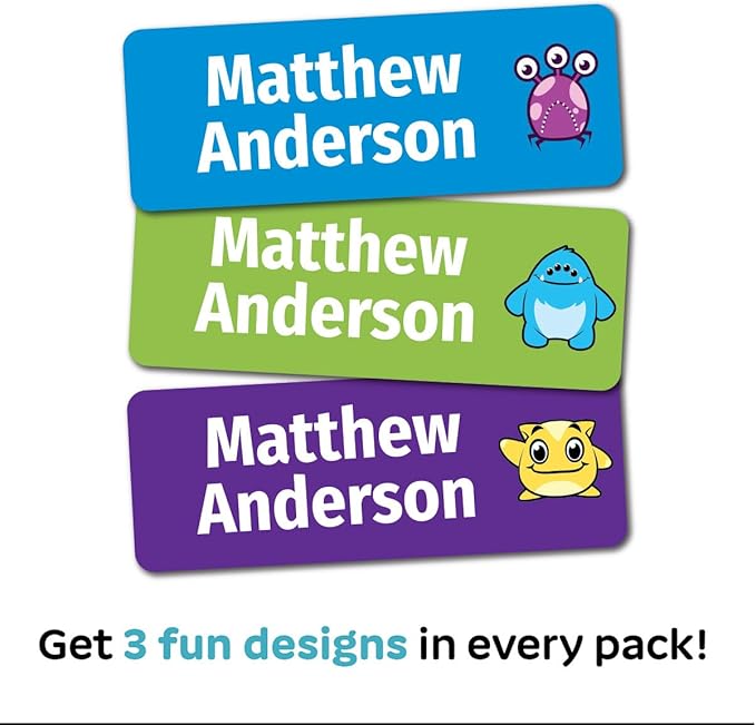 Kids Personalized Name Labels for School, Camp, Daycare (128 Labels) Custom Peel and Stick Waterproof Name Tags Stickers for Water Bottles, Lunch Boxes, Clothing, School Supplies (Monster)