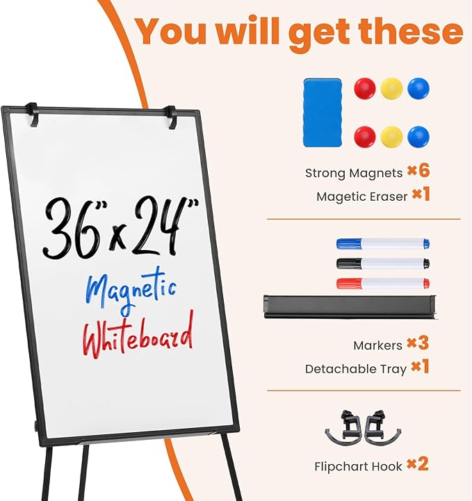 OLIXIS 36" x 24" Magnetic White Board with Stand, Standing Dry Erase Board, Whiteboard with 1 Dry Eraser & 2 Multicolor Markers & 4 Magnetic Pins, Aluminium Frame for Home, School, Office, Black