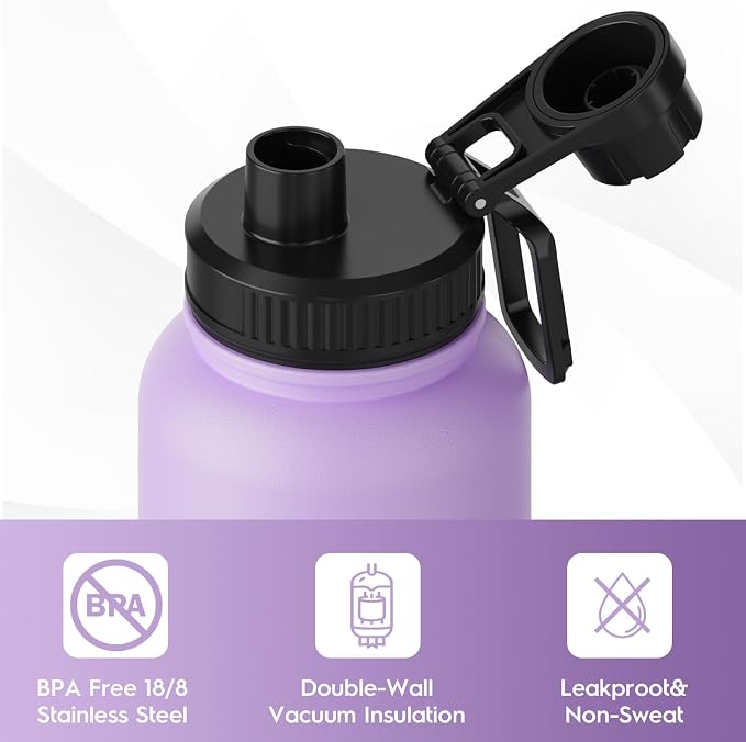 Navigate 32oz Insulated Water Bottle for Sports, Keep Cold 24H | 2-in-1 Spout and Handle Lids, Double Leak-Proof, 18/8 Stainless Steel, BPA-Free, Wide Mouth for Gym and Hiking,Purple