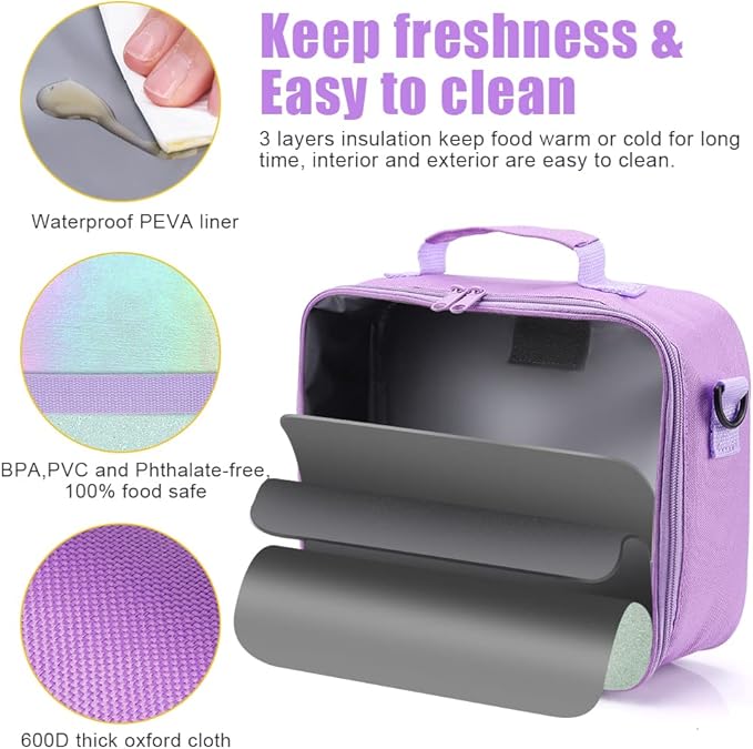 Cerbonny Kids Lunch Box, Crystal Purple, Insulated, Durable, Adjustable Shoulder Strap, Keeps Food Warm, Ideal for School and Travel