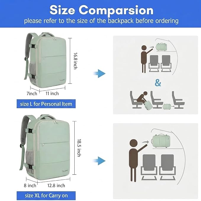Taygeer Carry On Backpack, 40l Travel Backpack for Women Airline Approved | Cute 17.3" Personal Item Travel Bag with Shoe Pouch, Casual Daypack Gifts for Friend Hiking Weekend, Green Beige