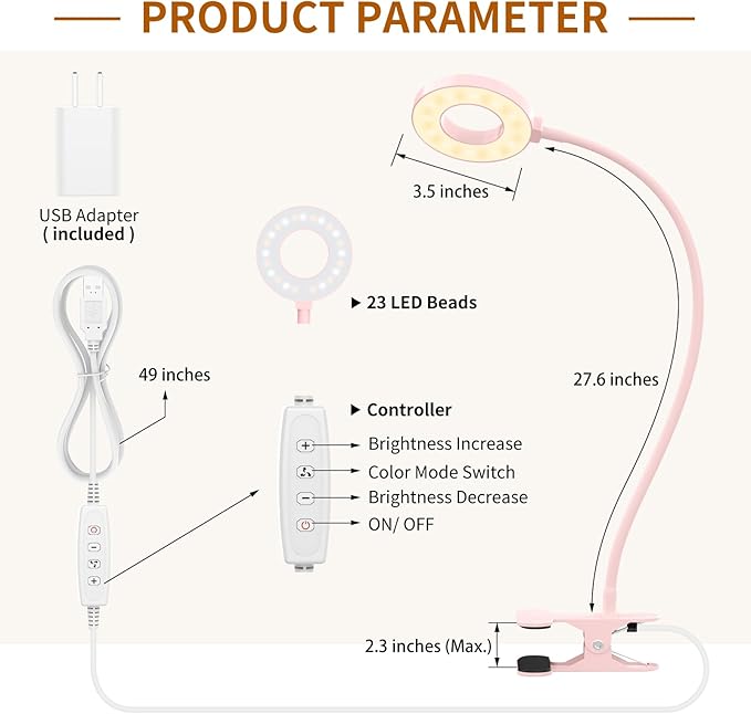 iZELL LED Desk Lamp with Clamp, Reading Light with 3 Color Modes & 10 Brightness Levels, Flexible Arm Book Light for Kids Reading in Bed at Night, Clip on Table, Computer, Zoom Meetings - 27.6'' Pink