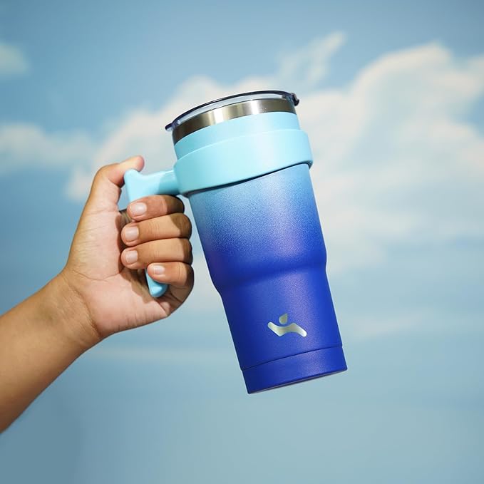Konokyo 20 oz Tumbler with Handle and 2 Straw 2 Lid, Insulated Water Bottle Stainless Steel Vacuum Cup Reusable Travel Mug,Sky