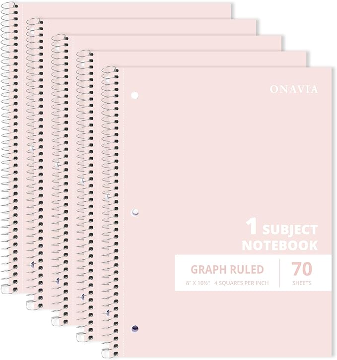 ONAVIA Graph Ruled Subject Spiral Notebook, 5 Pack, 4x4 Grid Paper, 8" x 10-1/2", 70 Sheets, 1 Subject, 3-Hole Punched for School, Work, Pink