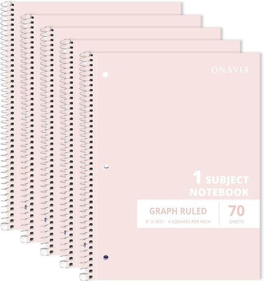 ONAVIA Graph Ruled Subject Spiral Notebook, 5 Pack, 4x4 Grid Paper, 8" x 10-1/2", 70 Sheets, 1 Subject, 3-Hole Punched for School, Work, Pink