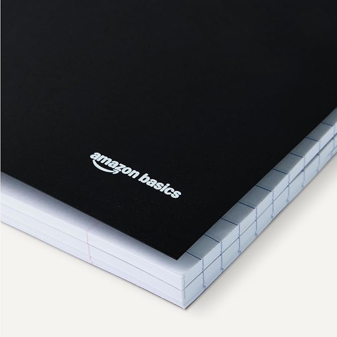 Amazon Basics Wide College Ruled 3-Subject Notebook, 150 Sheets, 8.5" x 10.5", Black, 2-Pack