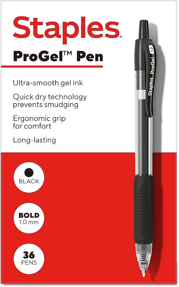 STAPLES ProGel Retractable Gel Pens, Bold 1.0mm, Black Ink, 36-Pack | Smooth-flow ink for high-volume office writing and daily use.