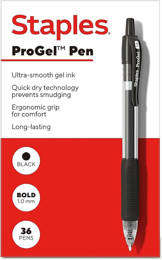 STAPLES ProGel Retractable Gel Pens, Bold 1.0mm, Black Ink, 36-Pack | Smooth-flow ink for high-volume office writing and daily use.